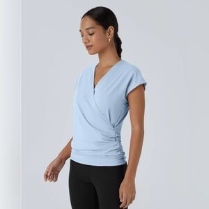 HALARA V Neck Cap Sleeve Crossover Ruched Solid Work Blouse Small